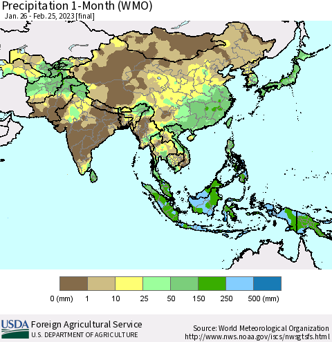Asia Precipitation 1-Month (WMO) Thematic Map For 1/26/2023 - 2/25/2023