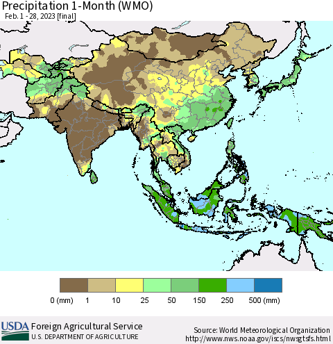 Asia Precipitation 1-Month (WMO) Thematic Map For 2/1/2023 - 2/28/2023