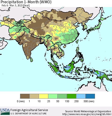 Asia Precipitation 1-Month (WMO) Thematic Map For 2/6/2023 - 3/5/2023