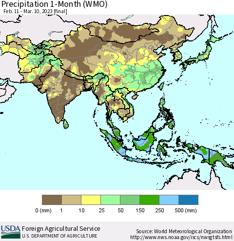 Asia Precipitation 1-Month (WMO) Thematic Map For 2/11/2023 - 3/10/2023
