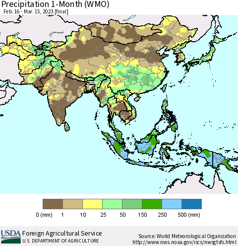 Asia Precipitation 1-Month (WMO) Thematic Map For 2/16/2023 - 3/15/2023