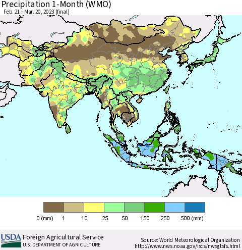 Asia Precipitation 1-Month (WMO) Thematic Map For 2/21/2023 - 3/20/2023