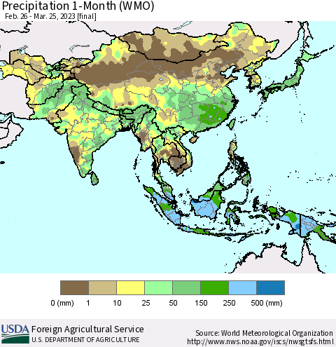 Asia Precipitation 1-Month (WMO) Thematic Map For 2/26/2023 - 3/25/2023