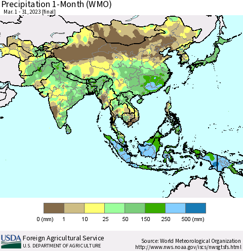 Asia Precipitation 1-Month (WMO) Thematic Map For 3/1/2023 - 3/31/2023