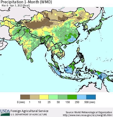 Asia Precipitation 1-Month (WMO) Thematic Map For 3/6/2023 - 4/5/2023