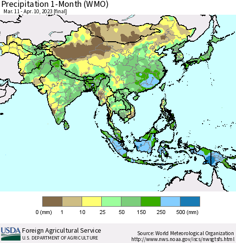 Asia Precipitation 1-Month (WMO) Thematic Map For 3/11/2023 - 4/10/2023