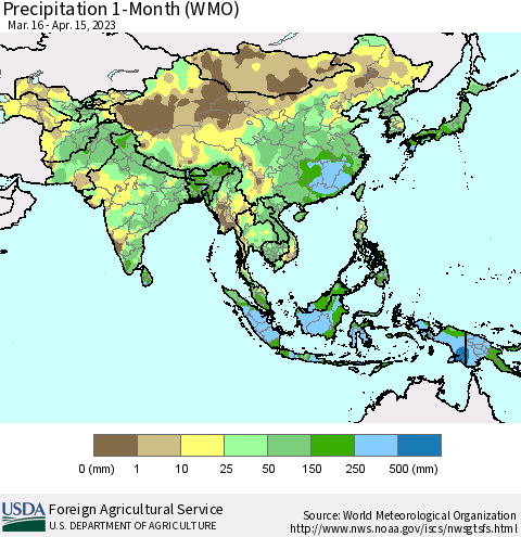 Asia Precipitation 1-Month (WMO) Thematic Map For 3/16/2023 - 4/15/2023
