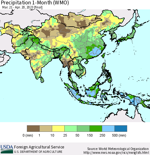 Asia Precipitation 1-Month (WMO) Thematic Map For 3/21/2023 - 4/20/2023