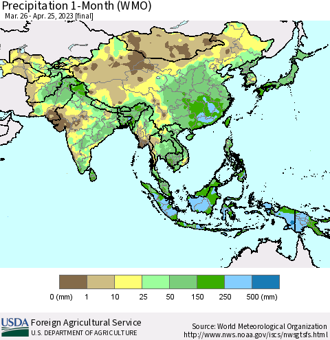 Asia Precipitation 1-Month (WMO) Thematic Map For 3/26/2023 - 4/25/2023