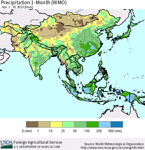 Asia Precipitation 1-Month (WMO) Thematic Map For 4/1/2023 - 4/30/2023