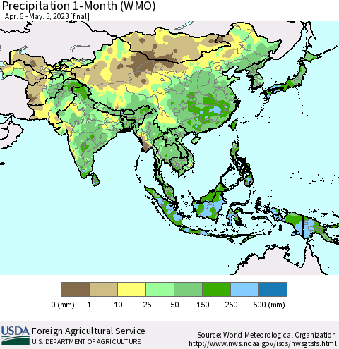 Asia Precipitation 1-Month (WMO) Thematic Map For 4/6/2023 - 5/5/2023
