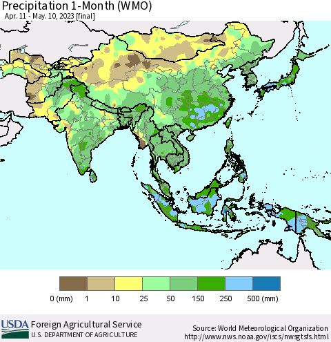 Asia Precipitation 1-Month (WMO) Thematic Map For 4/11/2023 - 5/10/2023