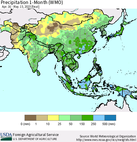 Asia Precipitation 1-Month (WMO) Thematic Map For 4/16/2023 - 5/15/2023