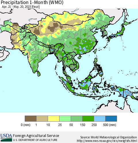 Asia Precipitation 1-Month (WMO) Thematic Map For 4/21/2023 - 5/20/2023