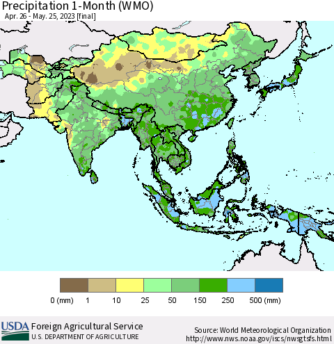 Asia Precipitation 1-Month (WMO) Thematic Map For 4/26/2023 - 5/25/2023