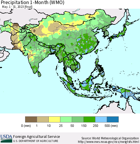 Asia Precipitation 1-Month (WMO) Thematic Map For 5/1/2023 - 5/31/2023
