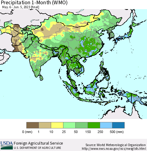 Asia Precipitation 1-Month (WMO) Thematic Map For 5/6/2023 - 6/5/2023