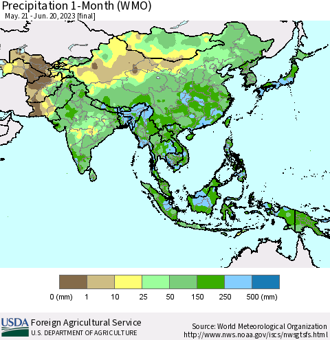 Asia Precipitation 1-Month (WMO) Thematic Map For 5/21/2023 - 6/20/2023