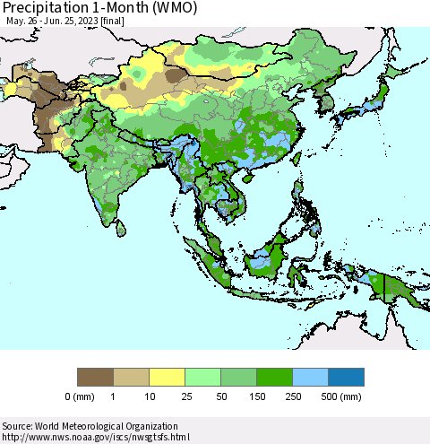 Asia Precipitation 1-Month (WMO) Thematic Map For 5/26/2023 - 6/25/2023