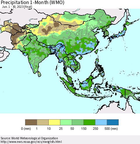 Asia Precipitation 1-Month (WMO) Thematic Map For 6/1/2023 - 6/30/2023