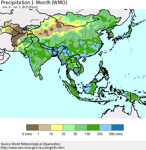 Asia Precipitation 1-Month (WMO) Thematic Map For 6/6/2023 - 7/5/2023