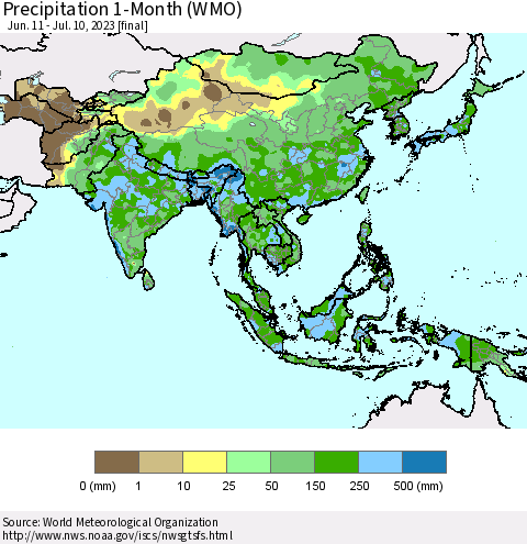 Asia Precipitation 1-Month (WMO) Thematic Map For 6/11/2023 - 7/10/2023