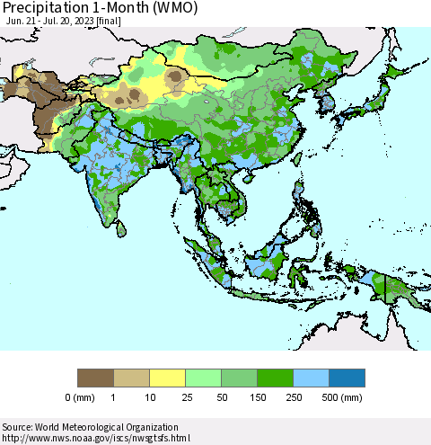 Asia Precipitation 1-Month (WMO) Thematic Map For 6/21/2023 - 7/20/2023