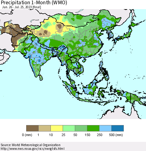 Asia Precipitation 1-Month (WMO) Thematic Map For 6/26/2023 - 7/25/2023