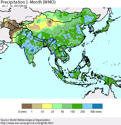 Asia Precipitation 1-Month (WMO) Thematic Map For 7/1/2023 - 7/31/2023
