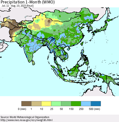 Asia Precipitation 1-Month (WMO) Thematic Map For 7/11/2023 - 8/10/2023