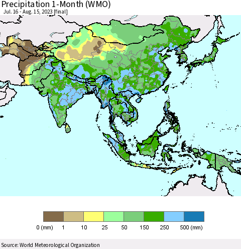 Asia Precipitation 1-Month (WMO) Thematic Map For 7/16/2023 - 8/15/2023