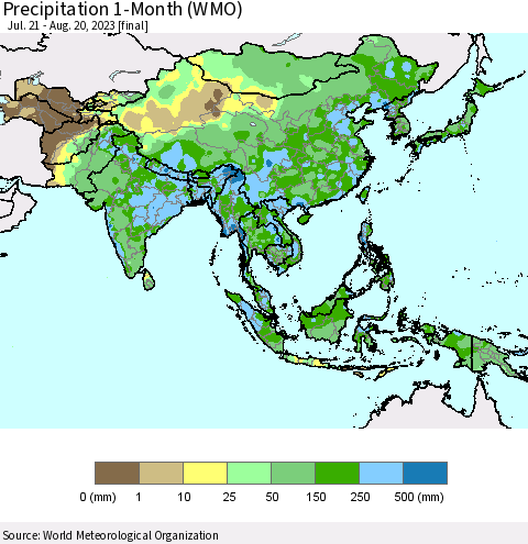 Asia Precipitation 1-Month (WMO) Thematic Map For 7/21/2023 - 8/20/2023