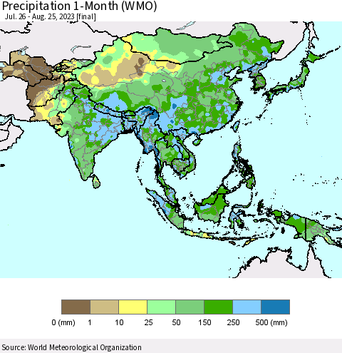 Asia Precipitation 1-Month (WMO) Thematic Map For 7/26/2023 - 8/25/2023