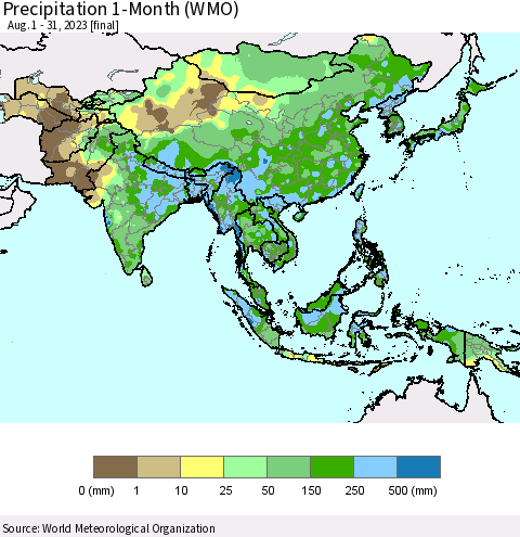 Asia Precipitation 1-Month (WMO) Thematic Map For 8/1/2023 - 8/31/2023
