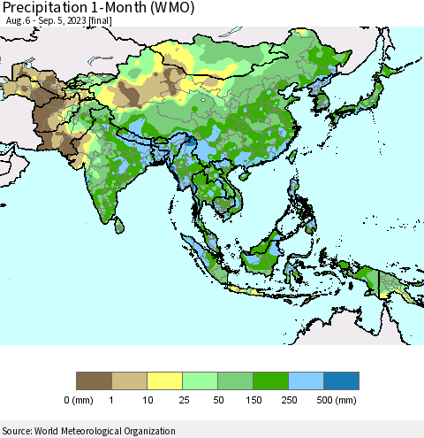 Asia Precipitation 1-Month (WMO) Thematic Map For 8/6/2023 - 9/5/2023