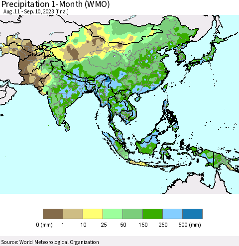 Asia Precipitation 1-Month (WMO) Thematic Map For 8/11/2023 - 9/10/2023