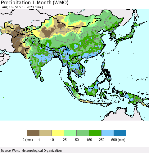 Asia Precipitation 1-Month (WMO) Thematic Map For 8/16/2023 - 9/15/2023