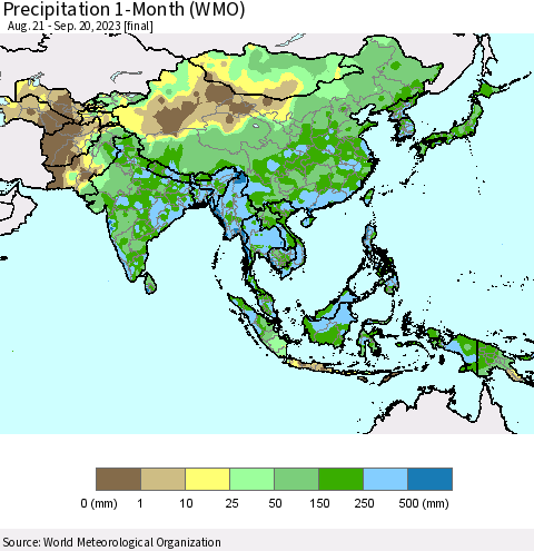 Asia Precipitation 1-Month (WMO) Thematic Map For 8/21/2023 - 9/20/2023