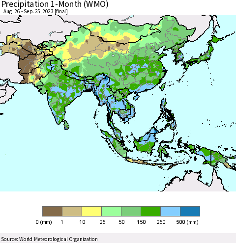 Asia Precipitation 1-Month (WMO) Thematic Map For 8/26/2023 - 9/25/2023