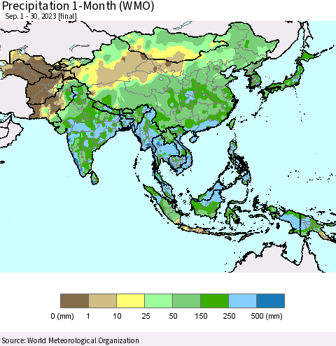 Asia Precipitation 1-Month (WMO) Thematic Map For 9/1/2023 - 9/30/2023