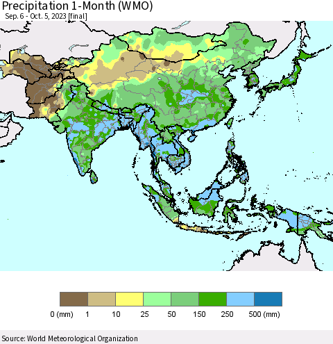 Asia Precipitation 1-Month (WMO) Thematic Map For 9/6/2023 - 10/5/2023