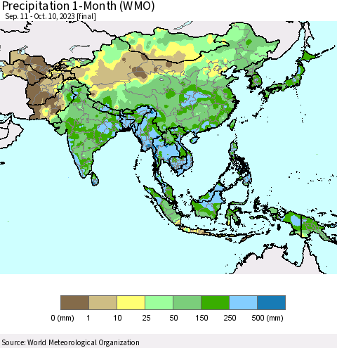 Asia Precipitation 1-Month (WMO) Thematic Map For 9/11/2023 - 10/10/2023