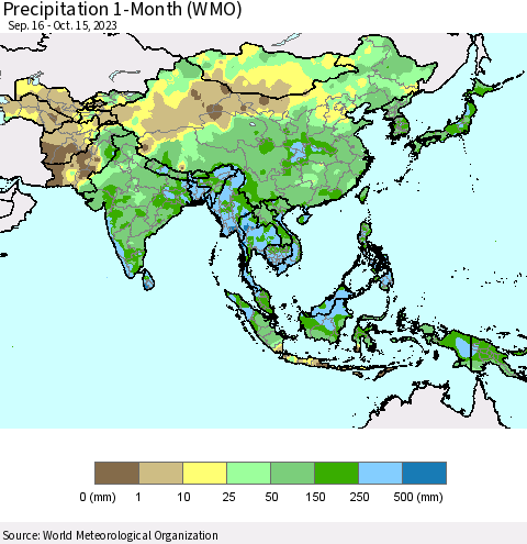 Asia Precipitation 1-Month (WMO) Thematic Map For 9/16/2023 - 10/15/2023