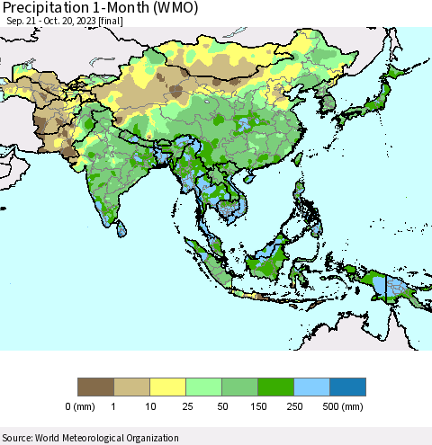 Asia Precipitation 1-Month (WMO) Thematic Map For 9/21/2023 - 10/20/2023