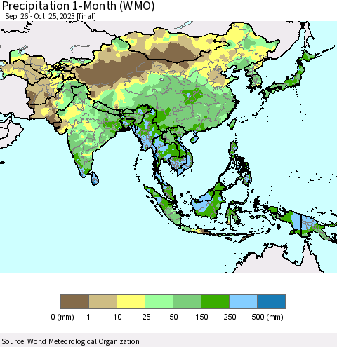 Asia Precipitation 1-Month (WMO) Thematic Map For 9/26/2023 - 10/25/2023