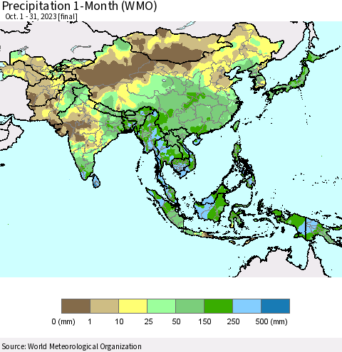 Asia Precipitation 1-Month (WMO) Thematic Map For 10/1/2023 - 10/31/2023
