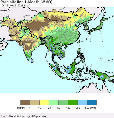 Asia Precipitation 1-Month (WMO) Thematic Map For 10/6/2023 - 11/5/2023