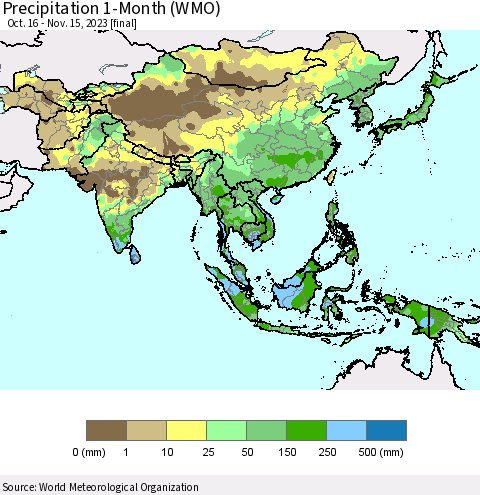 Asia Precipitation 1-Month (WMO) Thematic Map For 10/16/2023 - 11/15/2023