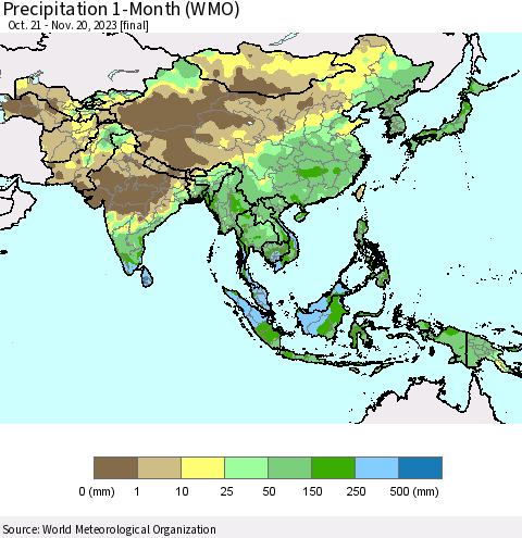 Asia Precipitation 1-Month (WMO) Thematic Map For 10/21/2023 - 11/20/2023