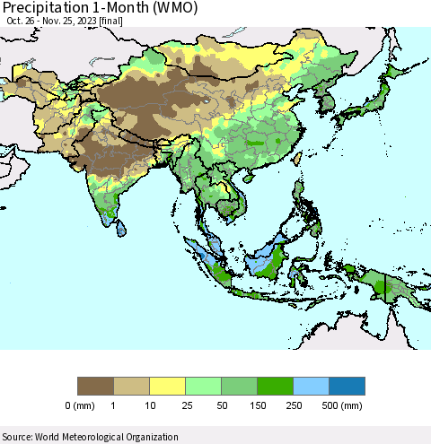 Asia Precipitation 1-Month (WMO) Thematic Map For 10/26/2023 - 11/25/2023